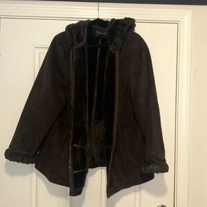 Brown faux fur coat with hood attached, great for cold fall and winter days.